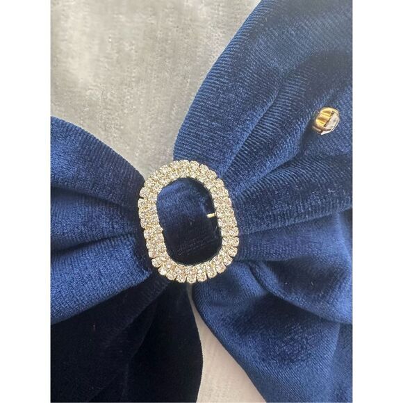 Sapphire, blue velvet, rhinestone, encrusted, hair bow with locking clip - Picture 3 of 4
